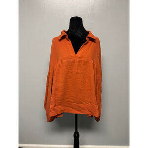 Women's ANDTHEWHY Orange Long Sleeve Blouse Medium v-neck relaxed fit boho